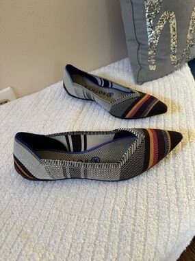 Rothy's Pointed Knit Flats in Black, Gray, Cream with Red and Purple Stripes